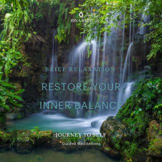 A lush forest and waterfall scene promotes "Kelionė į Vidinę Ramybę"—your guide to brief relaxation, meditation, and mantras for restoring inner balance.