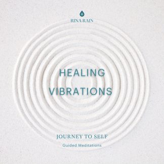 Cover image with concentric circles drawn in sand, reading “Kelionė į Vidinę Ramybę” and “Rina Rain,” plus a droplet icon at the top—ideal for meditation and exploring your personal mantra.