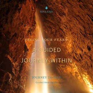 A beam of light shines upward in a rocky cave as text promotes "Kelionė į Vidinę Ramybę"—a meditation inviting you to discover strength through calming mantras and mindful introspection.