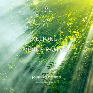 Sunlight streams through green leaves with Lithuanian and English text about rina rain guided meditations, titled "Kelionė į Vidinę Ramybę" ("Journey to Inner Calm").