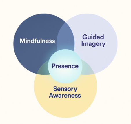 A Venn diagram with circles labeled Mindfulness, Guided Imagery, and Sensory Awareness; their intersection—Presence—illustrates how meditation practices like using a mantra can unify these elements.