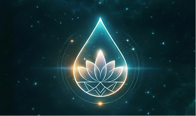 A glowing outline of a lotus flower inside a water droplet shape radiates calm, perfect for meditation, set against a dark, starry background with shimmering light effects.