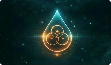 A glowing droplet shape encloses three intersecting circles with star-like points, evoking a sense of meditation, all set against a starry, dark background.