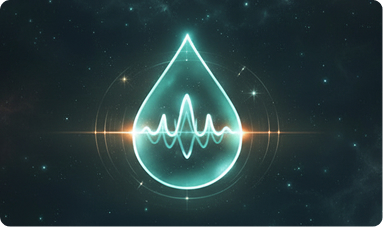 A glowing water droplet outline with a waveform inside, set against a dark background with faint stars and light flares, evokes the tranquil energy of meditation and the calming essence of a mantra.