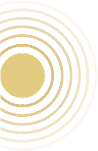A large yellow circle on the left with evenly spaced, lighter concentric rings radiating outward evokes a calming meditation mantra against a white background.