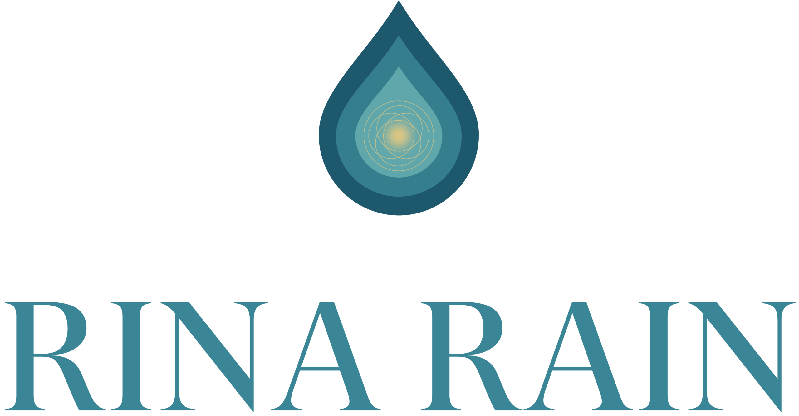 A stylized water droplet with concentric circles evokes meditation above the text "RINA RAIN" in large, blue capital letters.