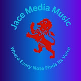 A red lion stands upright in the center of a blue gradient background, with “Jace Media Music” above and “Where Every Note Finds Its Voice” below in light blue text, evoking a sense of meditation and mantra.
